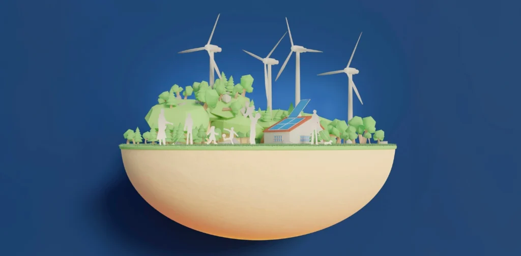 a 3d model of a house with solar panel and windmill