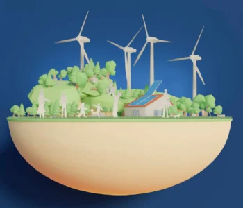 a 3d model of a house with solar panel and windmill