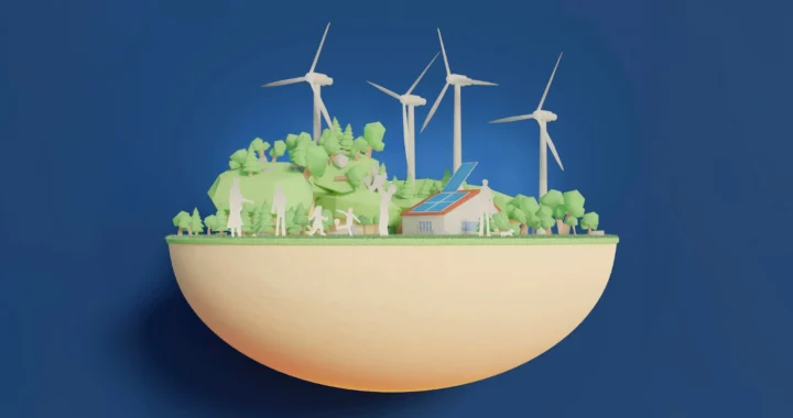 a 3d model of a house with solar panel and windmill