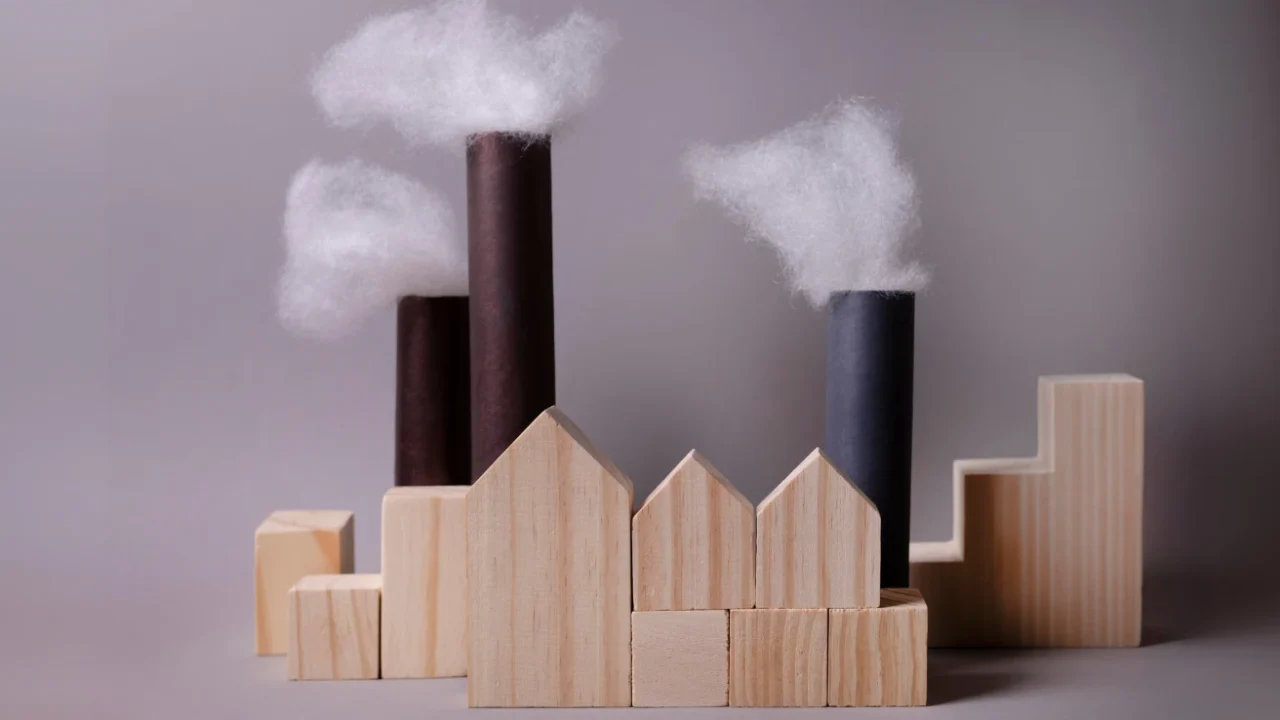 figure of houses and pipes that emit smoke