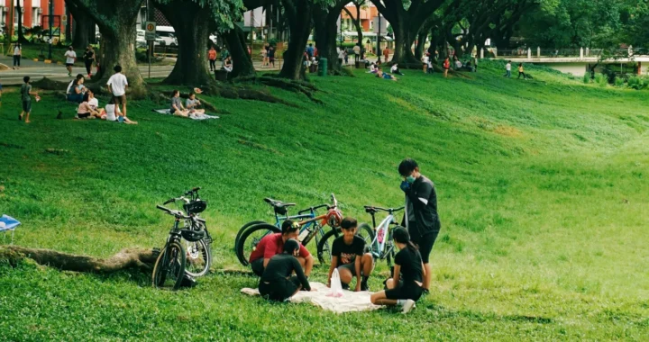 a group of people having a picnic in a park