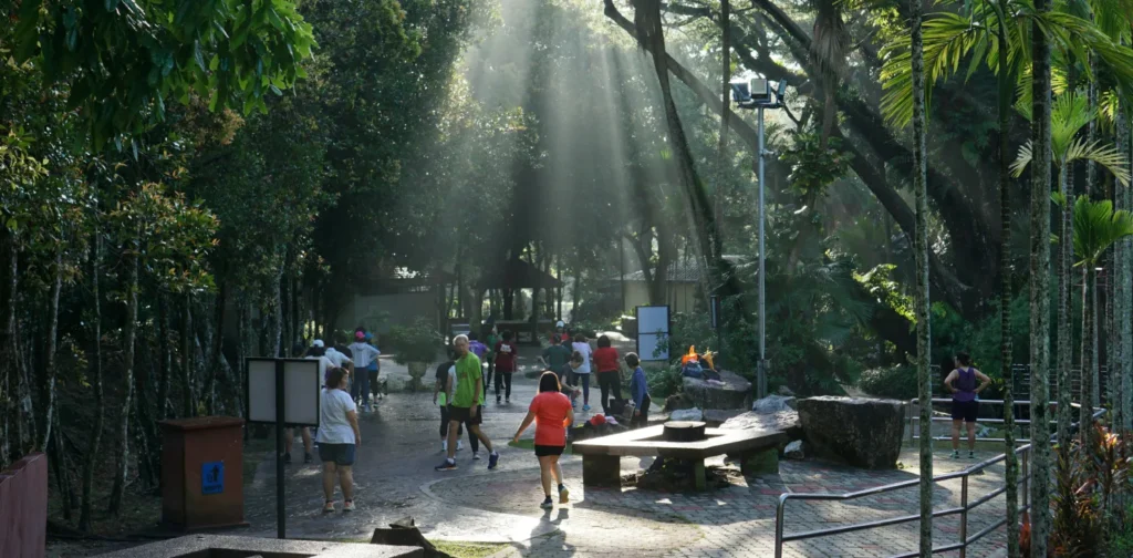 diverse group of people doing physical activity at a city park surrounded by trees in penang, malaysia