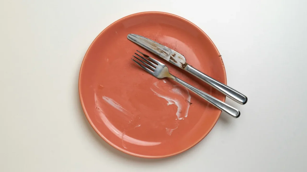 a pink plate with fork and knife