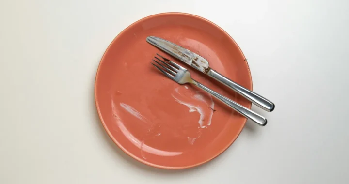 a pink plate with fork and knife