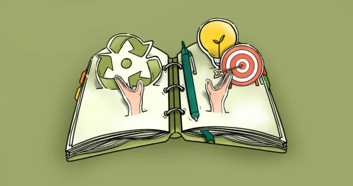 pop up book with recycle, bulb, target and raise hand