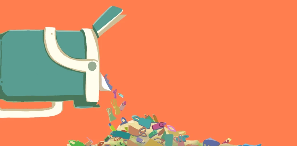 an illustration by frendy marcelino depicting a pile of unused tote bags and tumblers spilling out of a big tumbler