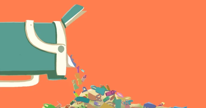 an illustration by frendy marcelino depicting a pile of unused tote bags and tumblers spilling out of a big tumbler