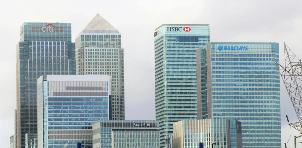 skyscrapers with bank logos