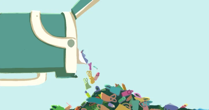an illustration by frendy marcelino depicting a pile of unused tote bags and tumblers spilling out of a big tumbler