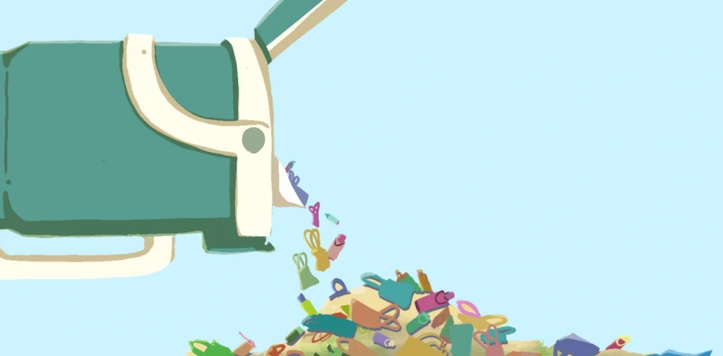 an illustration by frendy marcelino depicting a pile of unused tote bags and tumblers spilling out of a big tumbler