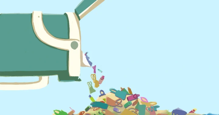 an illustration by frendy marcelino depicting a pile of unused tote bags and tumblers spilling out of a big tumbler