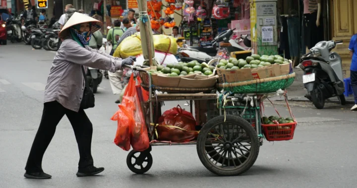a street vendor pushing her cart across the street
