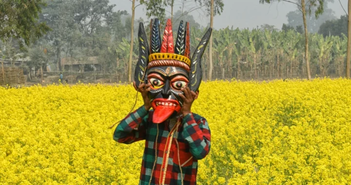 a person wearing a gomira mask in the middle of a field