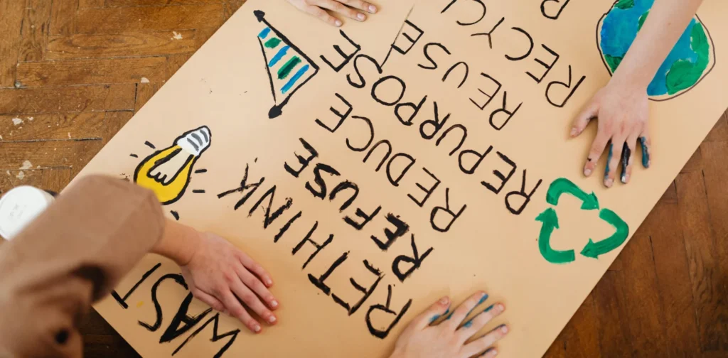 People hands on a project paper about sustainability