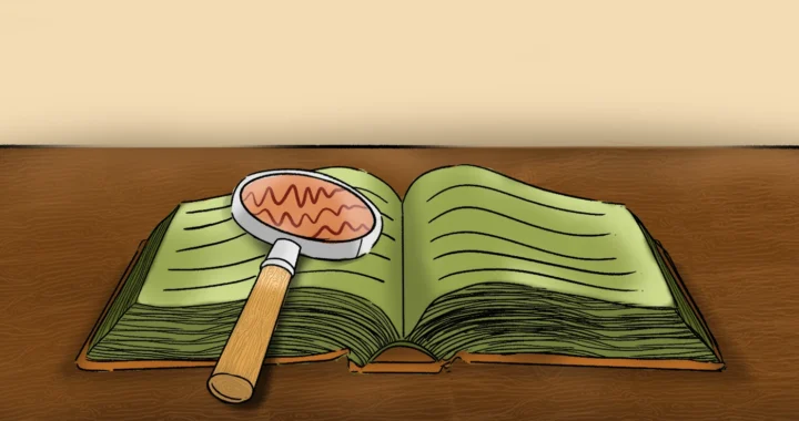 an illustration of an open book with a magnifying glass on top of it