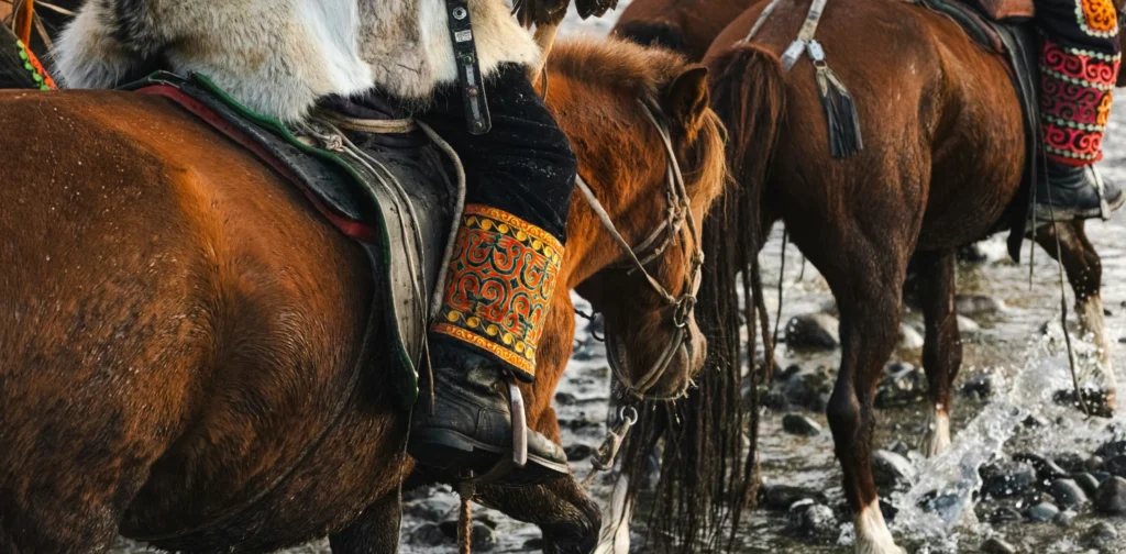 people riding horses on river