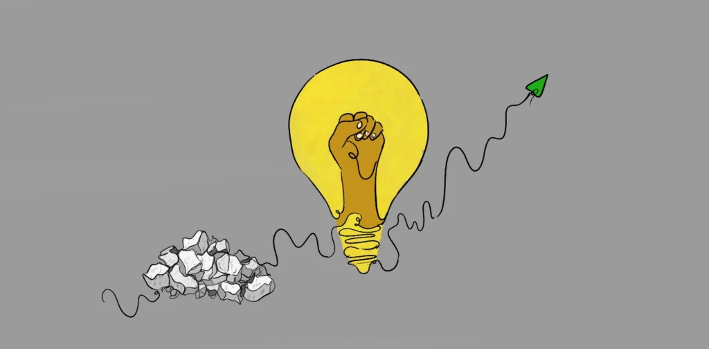 an illustration of a continuous line drawing from a pile of critical minerals to a light bulb with a fist-shaped filament to a green arrow head