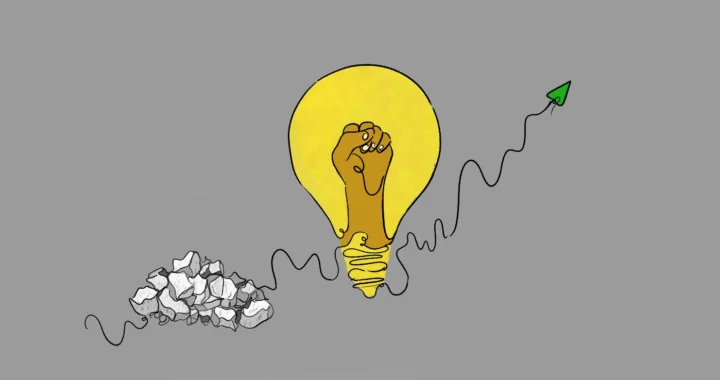 an illustration of a continuous line drawing from a pile of critical minerals to a light bulb with a fist-shaped filament to a green arrow head