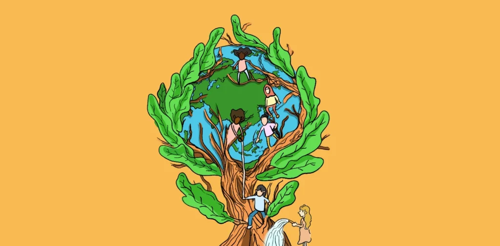people helping each other, to the top of tree