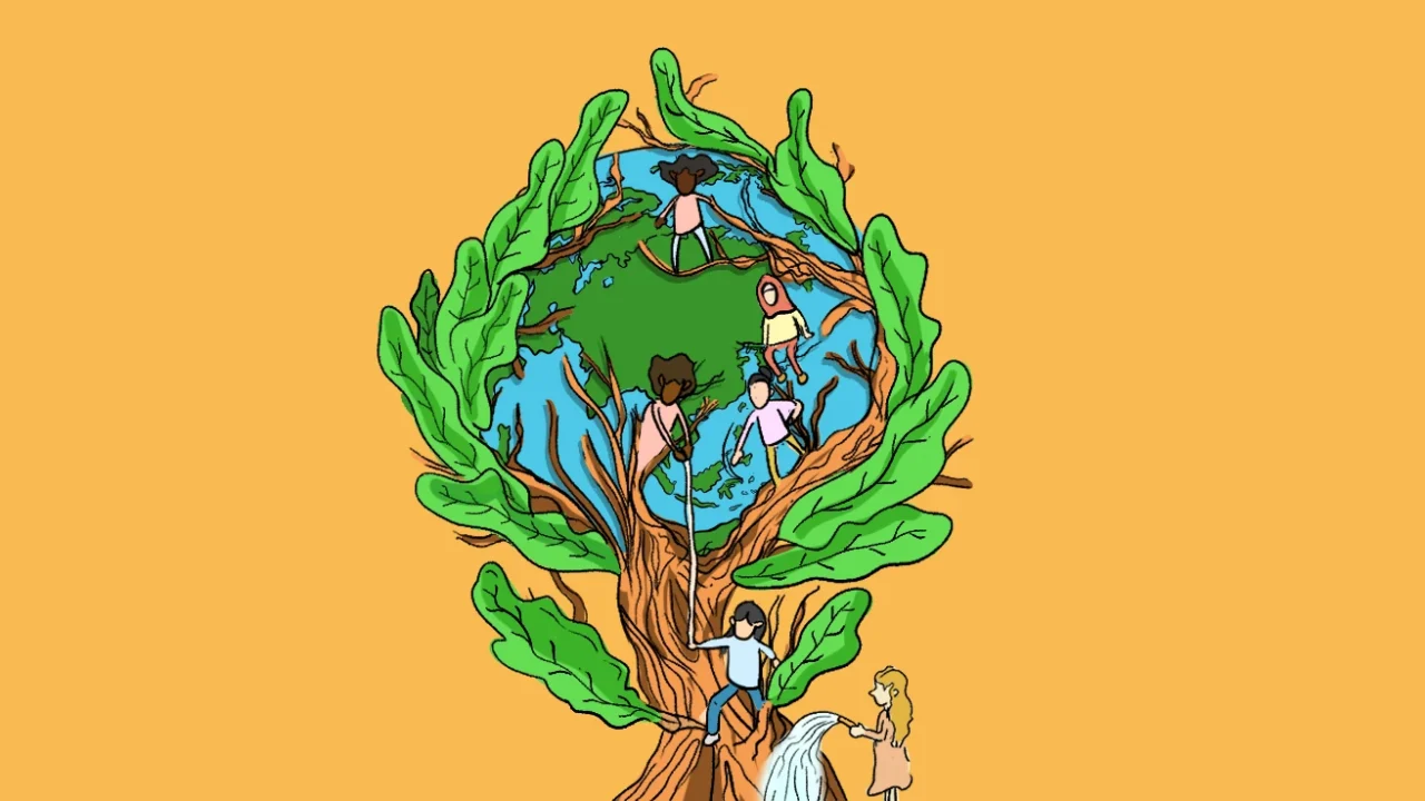 people helping each other, to the top of tree