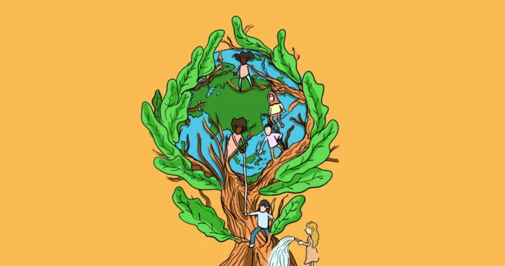 people helping each other, to the top of tree