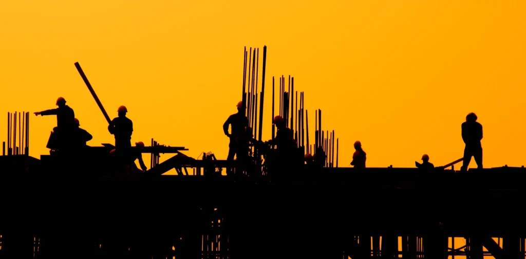 Construction workers at sunset.