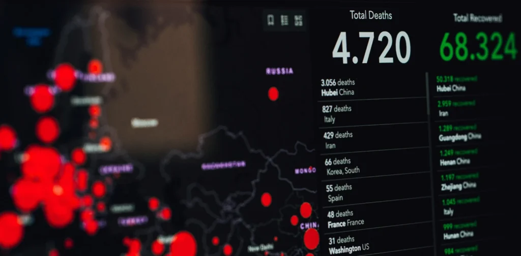 picture of COVID dashboard showing black maps with red dots and number of death toll across countries