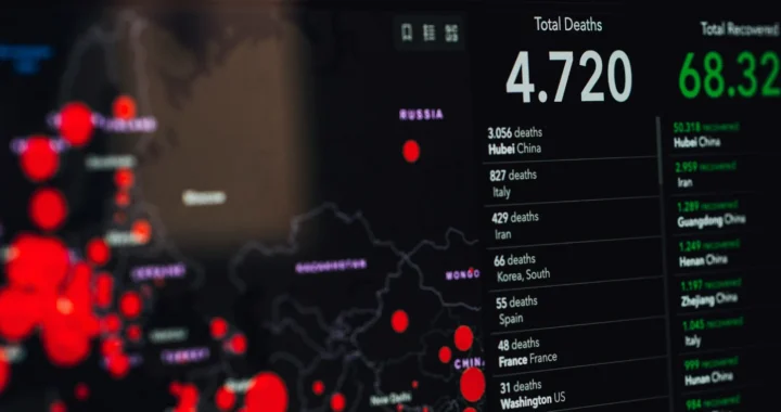 picture of COVID dashboard showing black maps with red dots and number of death toll across countries