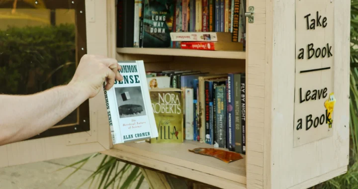Someone is reaching for a book from a little free library stand