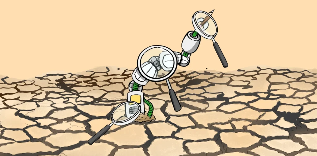 3 magnifying glass focuses on a tiny robot rising from the soil, as if growing like a plant.