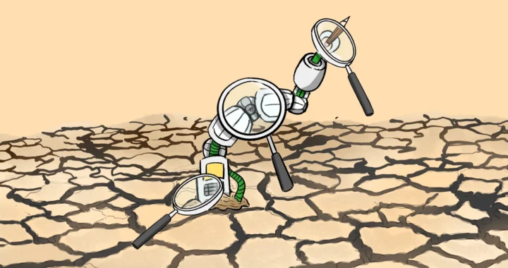 3 magnifying glass focuses on a tiny robot rising from the soil, as if growing like a plant.