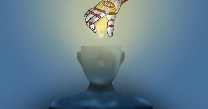 robot taking glowing light bulb from human