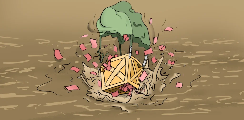 Illustration of a damaged box descending by parachute with paper money scattering and falling to the water surface below