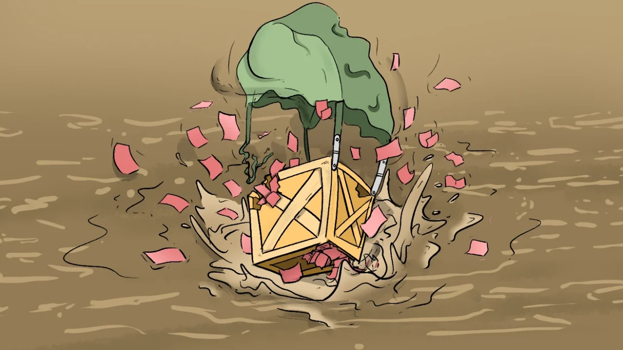 Illustration of a damaged box descending by parachute with paper money scattering and falling to the water surface below