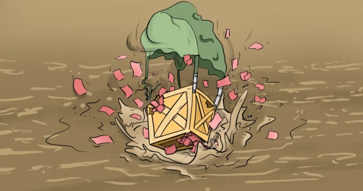 Illustration of a damaged box descending by parachute with paper money scattering and falling to the water surface below