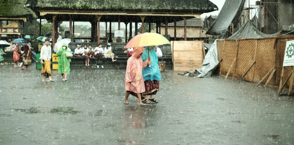 people wearing raincoat and holding umbrella walking in the rain