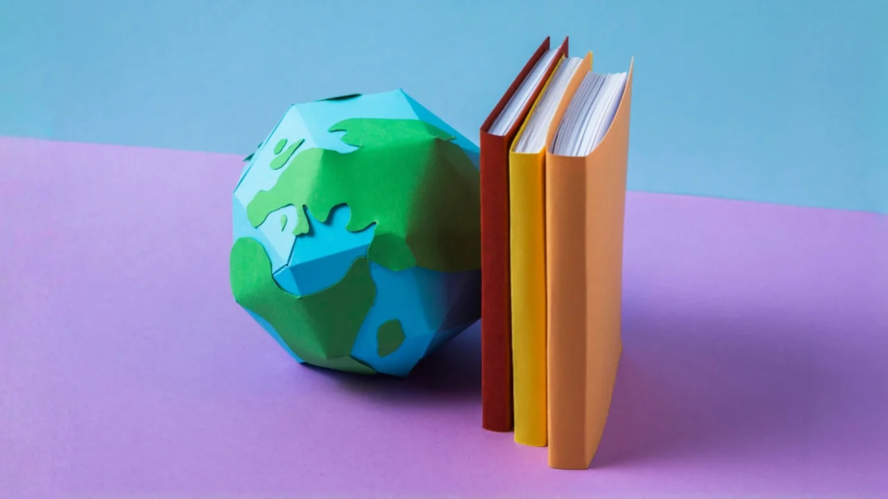 a globe figure propped against books