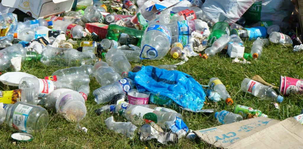 Large pile of discarded trash on grass, including plastic bottles, bags, cardboard boxes, and food containers, scattered in an outdoor area.