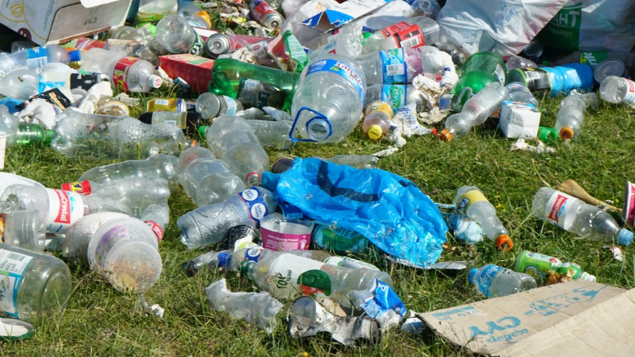 Large pile of discarded trash on grass, including plastic bottles, bags, cardboard boxes, and food containers, scattered in an outdoor area.