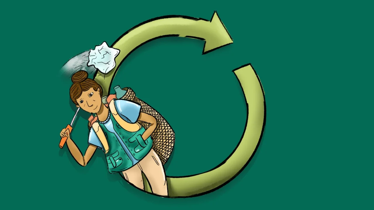 Illustrated woman in a green vest carrying recyclables inside a circular recycling arrow symbol