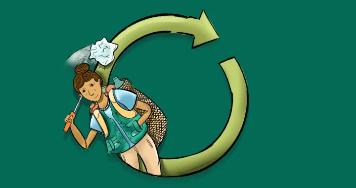 Illustrated woman in a green vest carrying recyclables inside a circular recycling arrow symbol