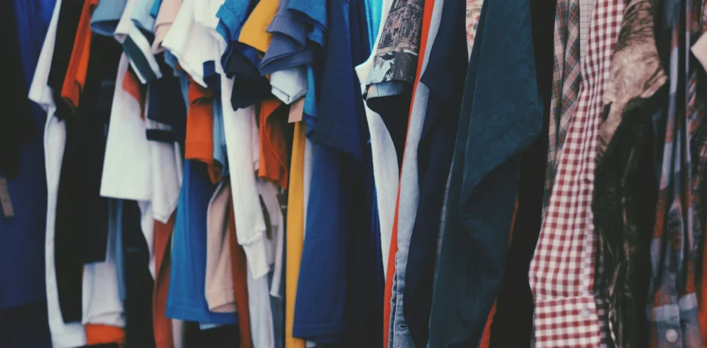 Colorful clothes hanging on a rack.