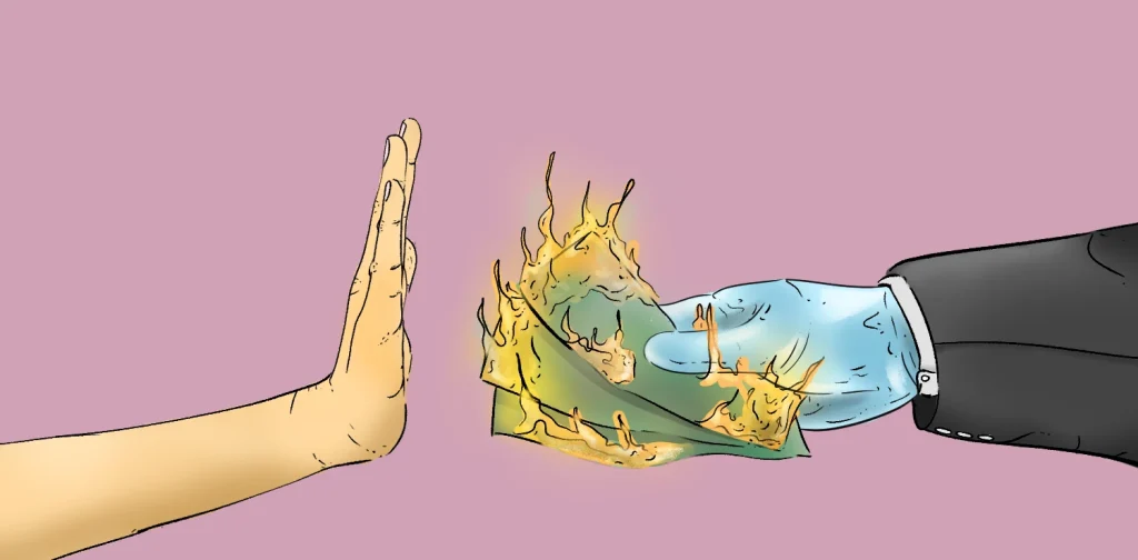 A hand refusing burning money offered by a suited figure