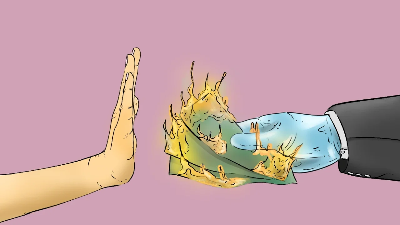 A hand refusing burning money offered by a suited figure
