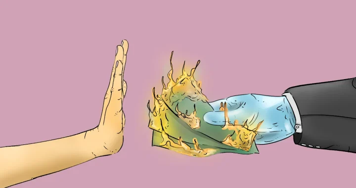 A hand refusing burning money offered by a suited figure