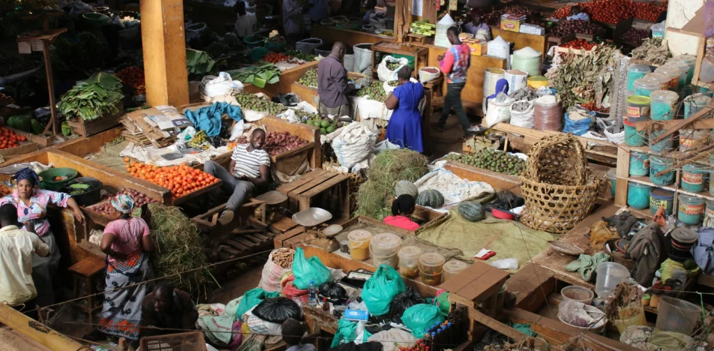 a wide overhead view of a food market in uganda