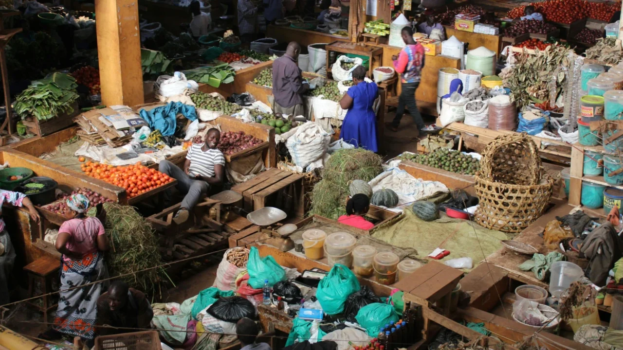 a wide overhead view of a food market in uganda