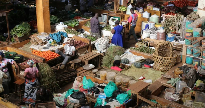a wide overhead view of a food market in uganda