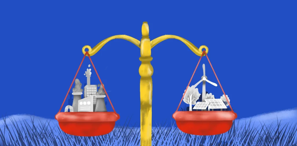 A balance scale weighing fossil fuel industries against renewable energy sources like wind turbines and solar panels.