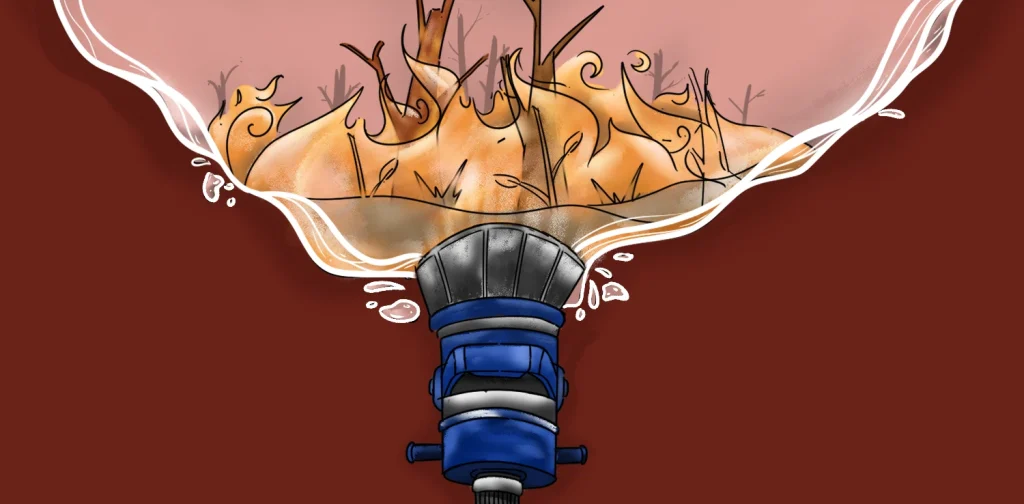 A fire hose nozzle spraying upward, revealing a peat forest fire within the water arc.